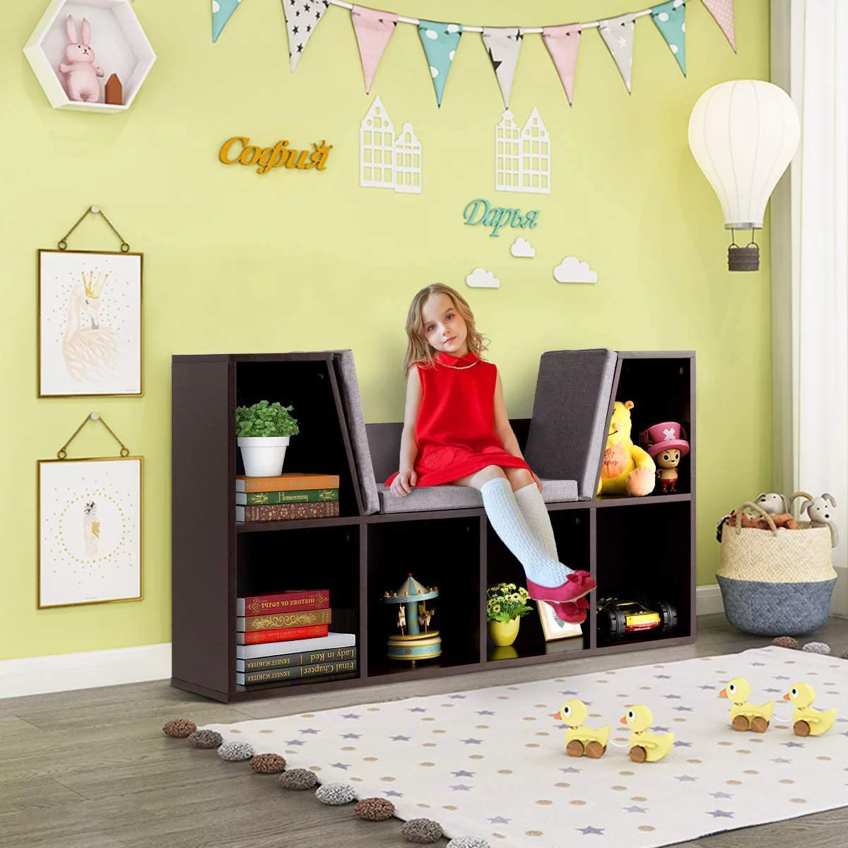 6-Cubby Kids Bookcase w/Cushioned Reading Nook