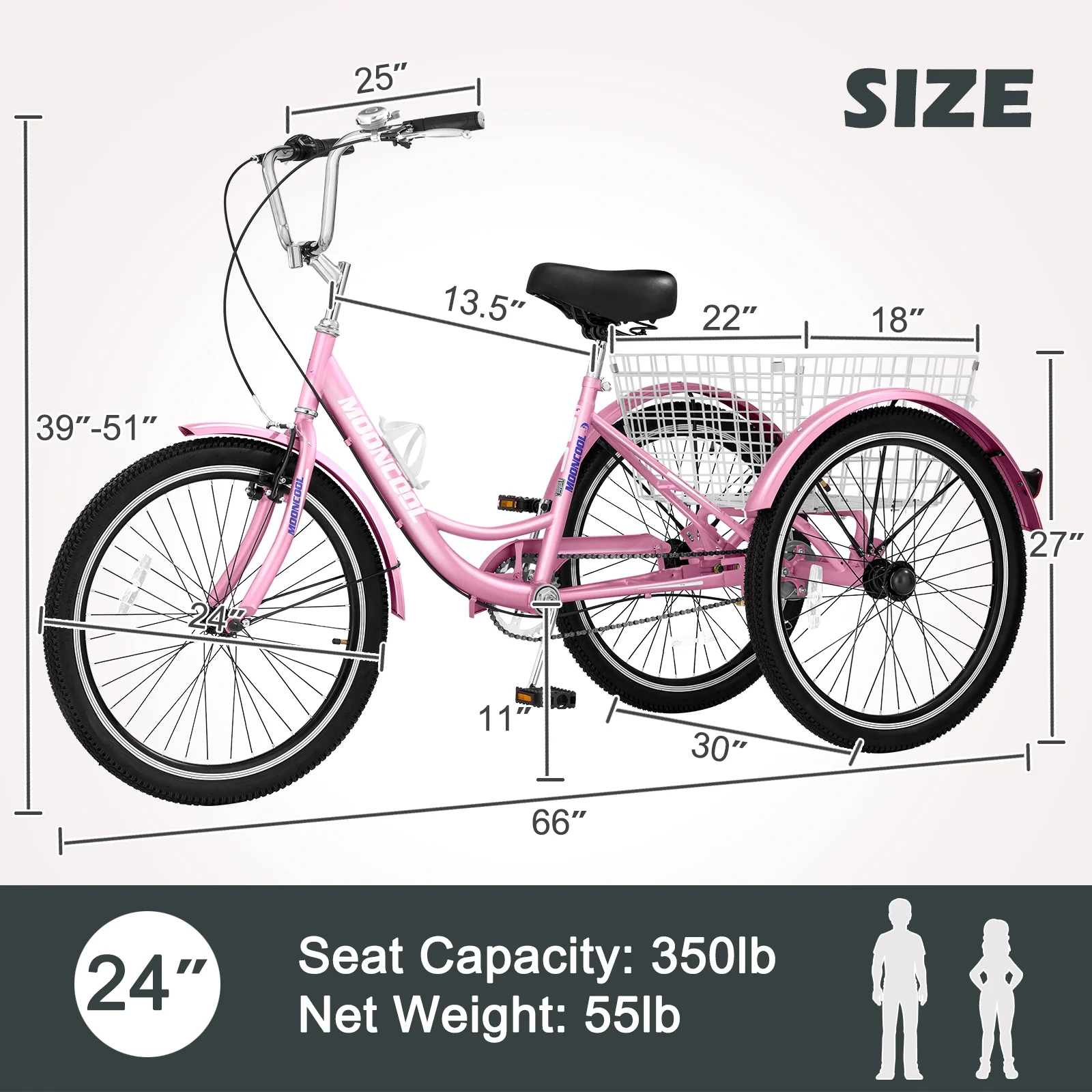 Adult Tricycles Single Speed, Adult Trikes 24 inch 3 Wheel Bikes, Three-Wheeled Bicycles Cruise Trike with Shopping Basket for Seniors, Women, Men