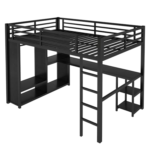 Queen Heavy Duty Metal Loft Bed with L-Shaped Desk, Wardrobe & 5 Storage Shelves – Space-Saving Design for Kids, Teens, Adults – CPC Certified