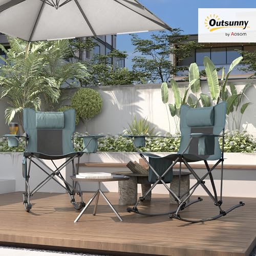 Outsunny Folding Rocking Camping Chairs for Adults, Portable Outdoor Rocking Chairs with Headrest, Cooler Bag, Cup Holder