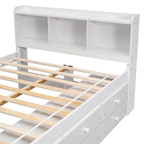 SOFTSEA Full Size Platform Bed with Storage, Platform Bed with Drawers and Bed End Case, Wood Platform Bed Frame with Storage Bookcase Headboard