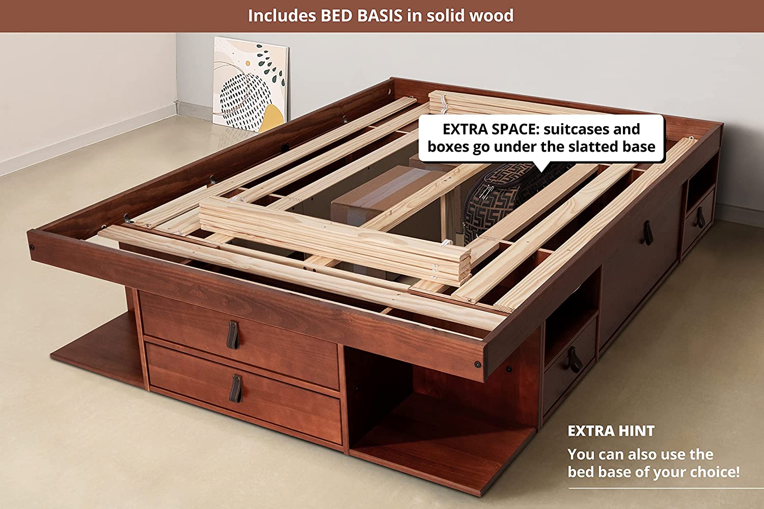 Memomad Set Bali White: Storage Bed Super King 6FT (180x200 cm) + Headboard 205 + Slatted Frame. Sturdy double bed frame and headboard with drawers