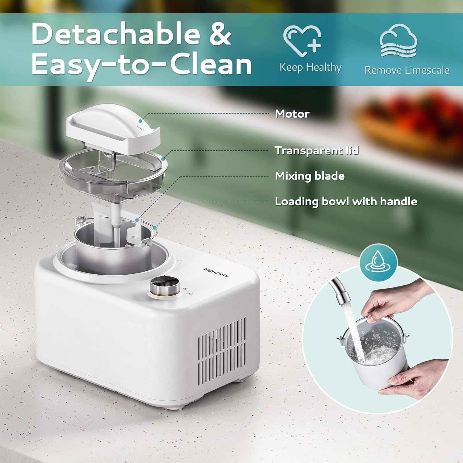 EUHOMY 1 Quart Auto Ice Cream Maker with Compressor, No Pre-freezing, 3 Modes Gelato Maker, Keep Cool Function, Easy-to-Clean