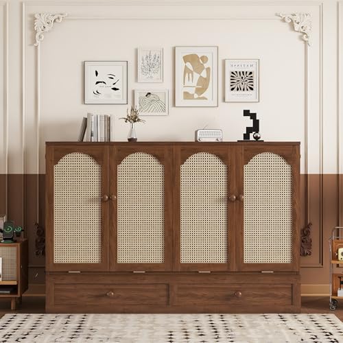 KEIKI Queen Murphy Bed Cabinet with Charging Station & Rattan Design – Space-Saving Wall Bed with Large Storage Drawer