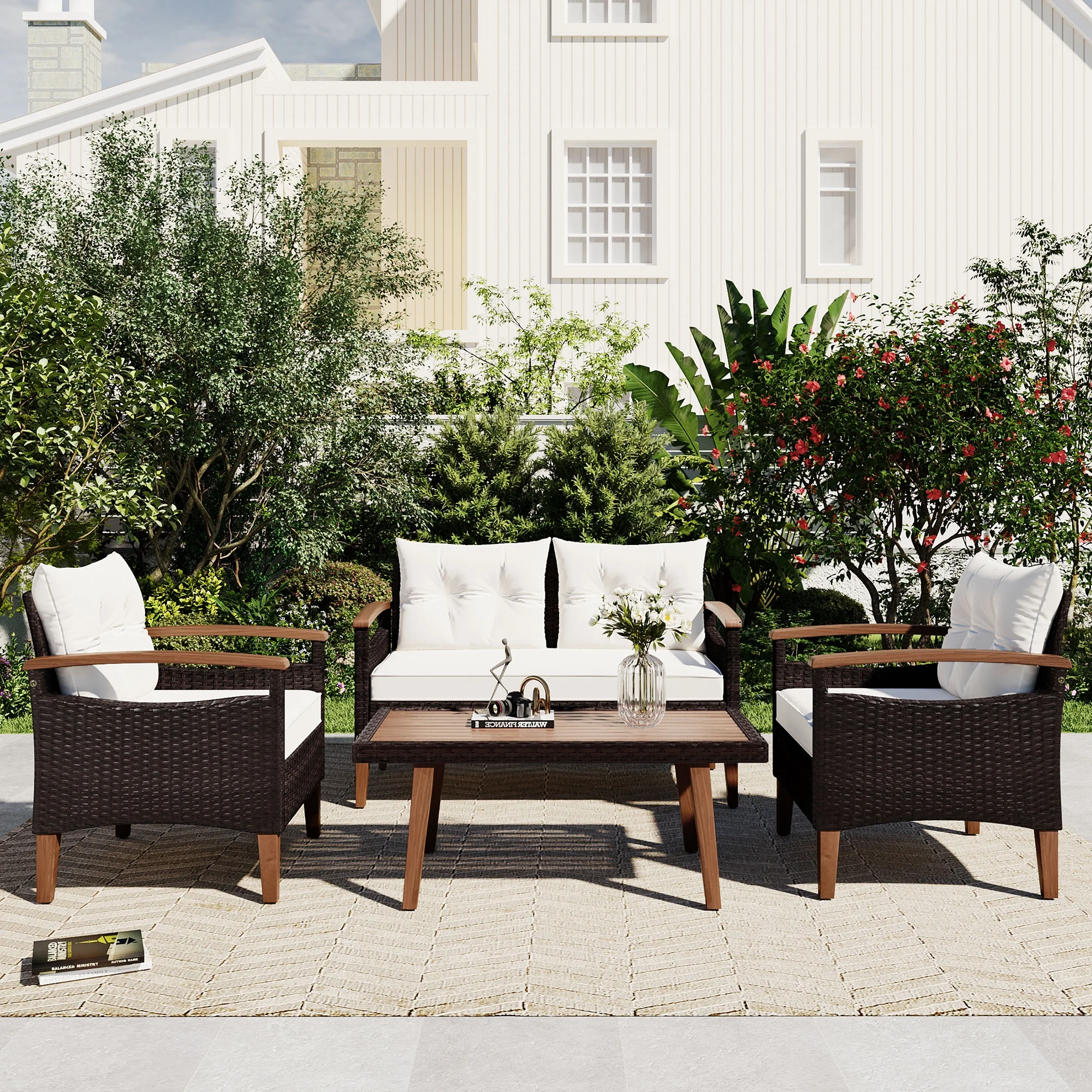 Churanty Patio Conversation Set, 4-Piece Outdoor Garden Furniture Set, Patio Seating Set, PE Rattan Outdoor Sofa Set, Wood Table and Legs