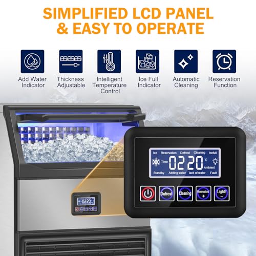 Clear ice Cube Maker, Commercial Ice Maker Machine, Stainless Steel Freestanding Ice Machine Automatic Operation