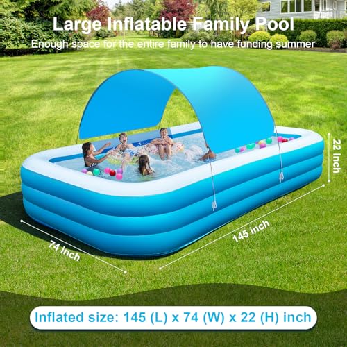 Large Inflatable Pool with Canopy - 145'' x 74'' x 22'' Oversized Thickened Blow Up Pool for Family