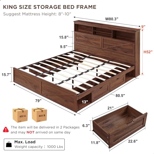 Queen Size Wood Bed Frame Farmhouse with 52" Tall Storage Bookcase Headboard, LED Light,Charging Station,4 Drawers and Solid Wood Slats Support