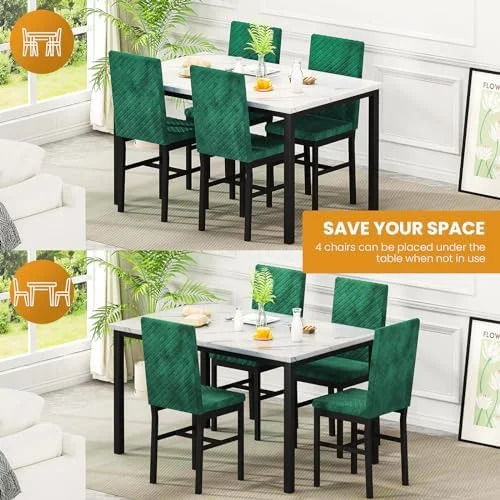 RUNFAYBIU Dining Table Set for 4 Kitchen Table and Chairs Set of 4 Faux Marble Dining Room Table Set Dinner Table with 4 Velvet Upholstered Dining