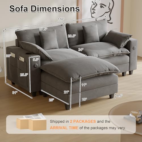 Modular Sectional Sofa, Cloud Couch with Ottoman, Charging Station, Throw Pillows, Cup Holders, Modern Convertible U Shaped Couches for Living Room