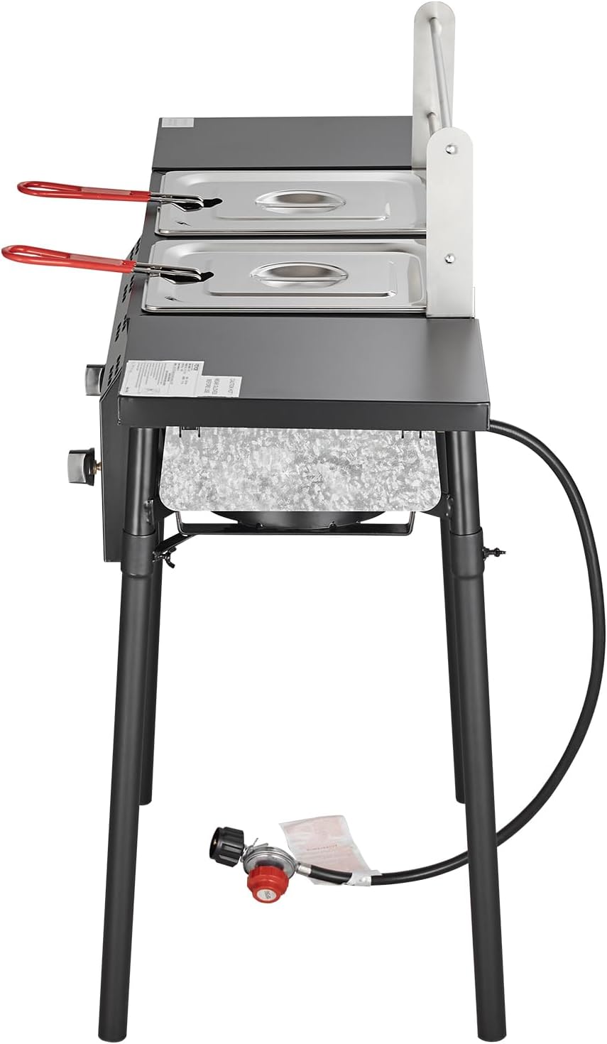 VEVOR Outdoor Propane Deep Fryer, Double Burners Commercial Fryer, 16 Qt Stainless Steel Cooker with Removable Baskets & Lids & Tanks