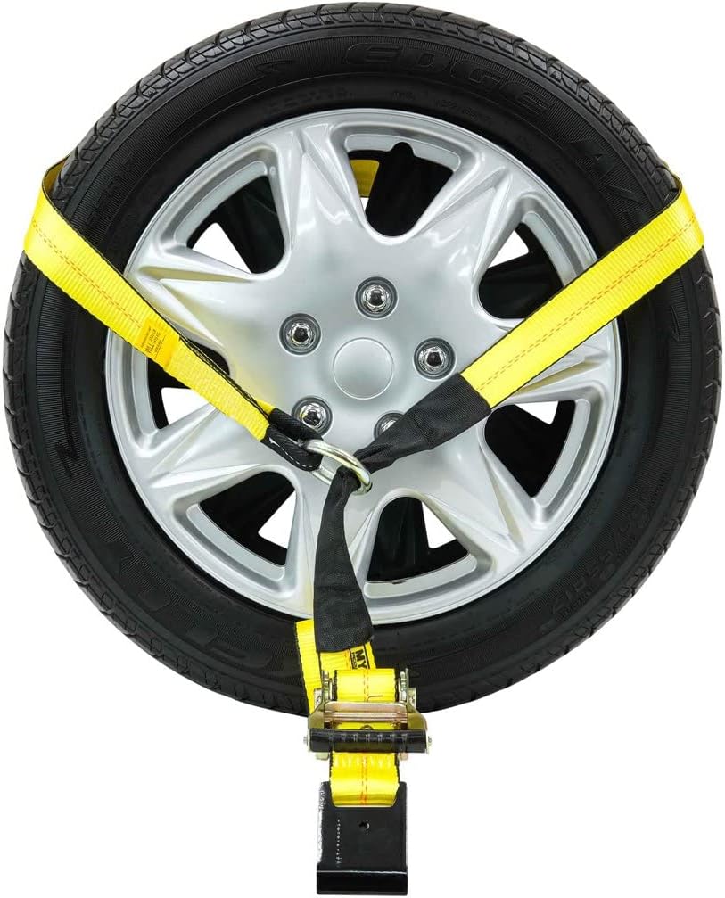 Mytee Products (4 Pack 2 x 14' Car Tie Down Lasso Ratchet Strap with Flat Hook - Tire Straps for Car Trailer - Wheel Straps for Hauling Cars