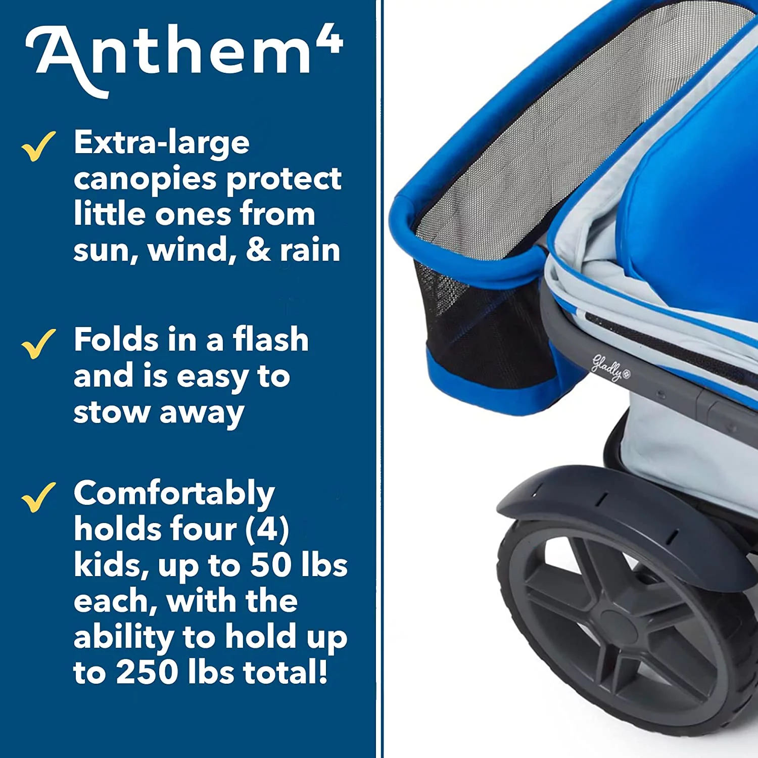 Gladly Family Anthem4 All-Terrain 4-Seater Wagon Stroller, Rugged Wheels, Removable Canopy, Foldable, Neon Indigo