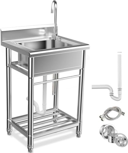 26 Inch Utility Sink, 304 Stainless Steel Sink Free Standing Sink with Cold and Hot Water Pull-out Faucet, Heavy Duty Laundry Sinks for Workshop