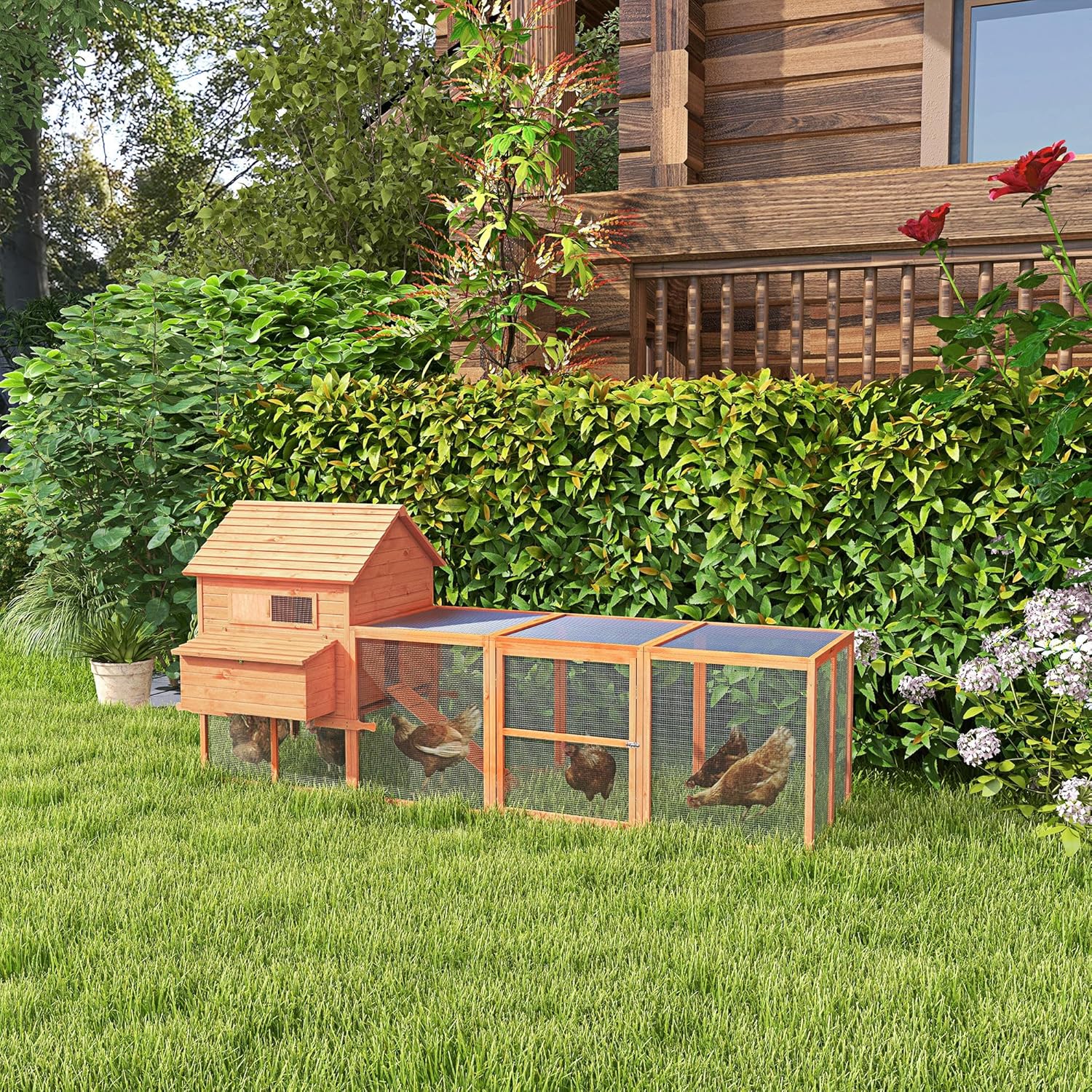 PawHut 145" Chicken Coop Large Chicken House Rabbit Hutch Wooden Poultry Cage Pen Garden & Backyard with Run & Inner Hen House Space