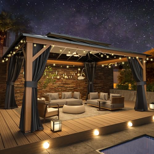 YOLENY 10'x13' Hardtop Gazebo, Outdoor Polycarbonate Double Roof Canopy, Aluminum Frame Permanent Pavilion with Curtains and Netting