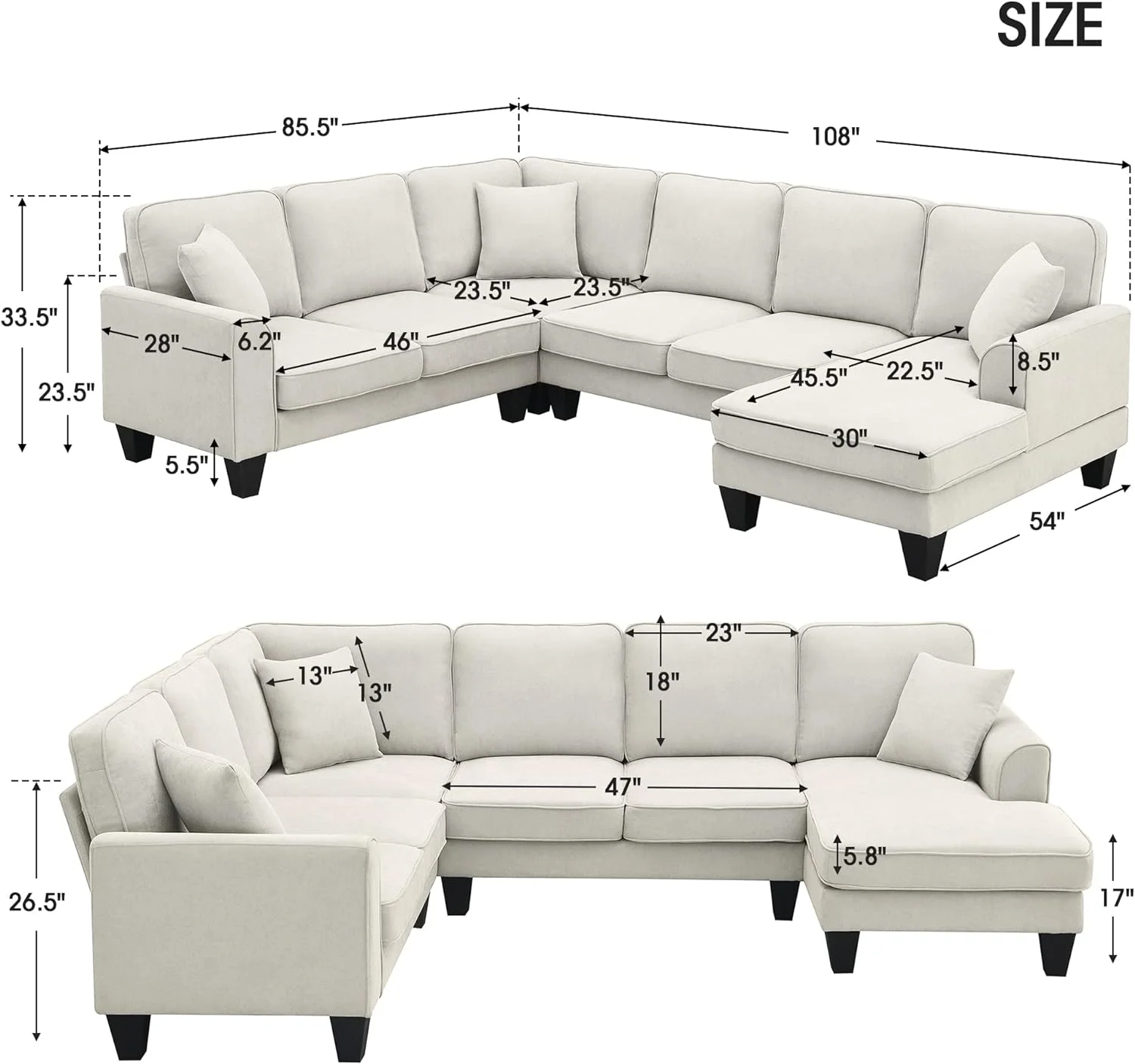 U Shape Sectional Sofa,7-Seat Fabric Sectional Sofa Set With 3 Pillows,Fabric Corner Couch With Backrest And Armrest For Living Room, Apartment