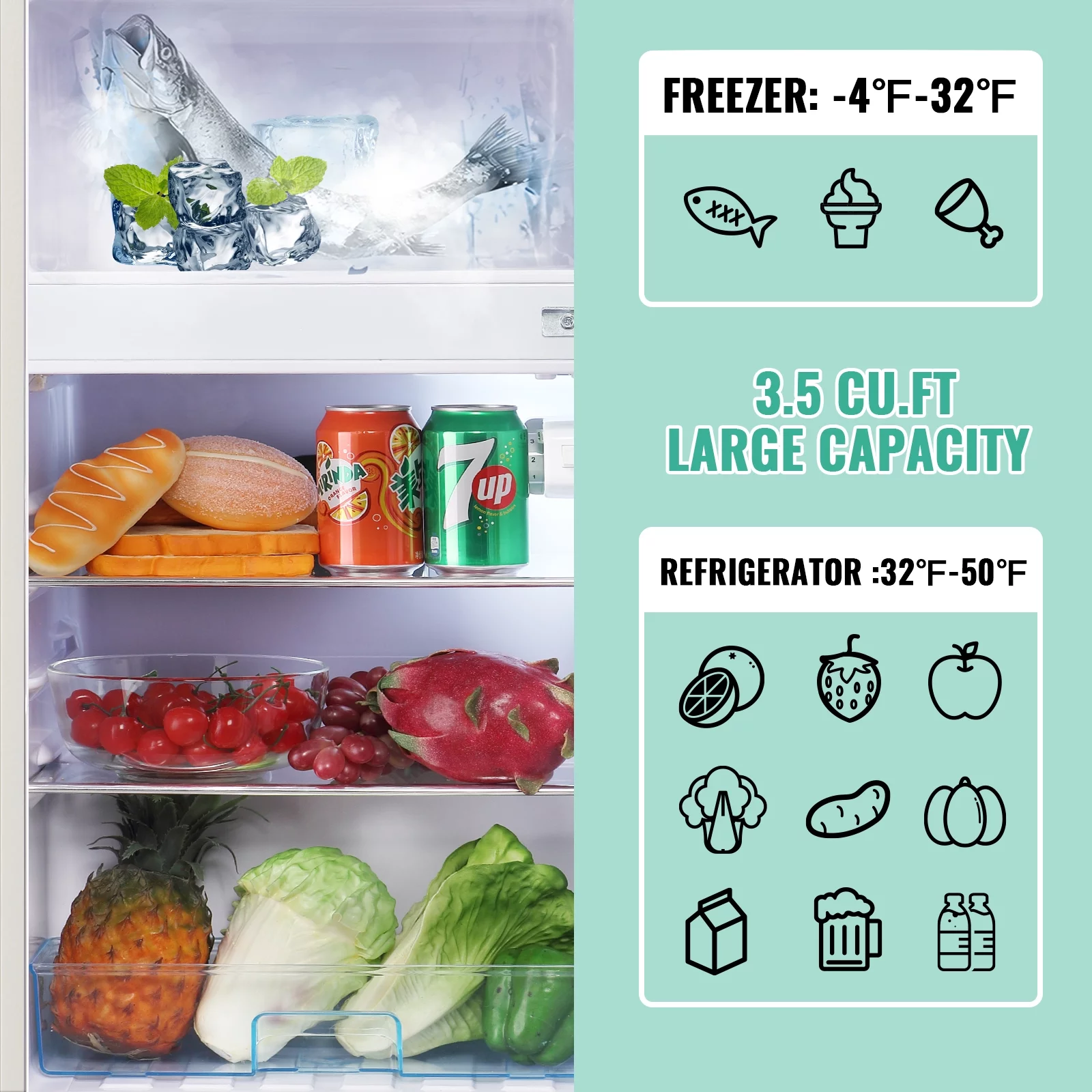 DEMULLER Mini Refrigerator Dual Door Fridge with Handle 7 Speed Temperature Control YX-100-Black