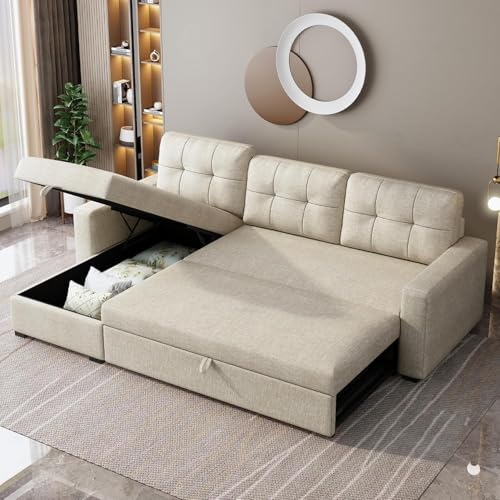 Ball & Cast Convertible Sofa Bed with Reversible Storage Chaise,Linen Sleeper Sofa Couch L Shaped Pull Out Couch Bed
