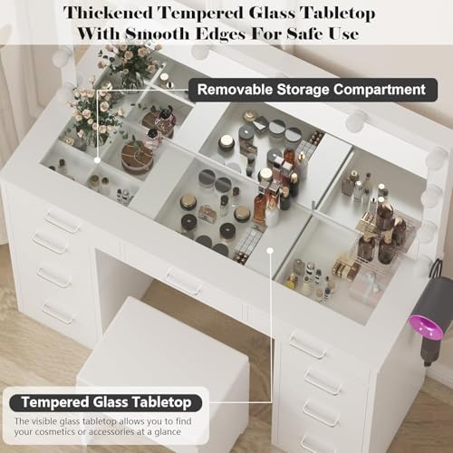 White Vanity Desk Set with Mirror and Lights, 47" Glass Top Vanity with 9 Drawers & Power Outlet