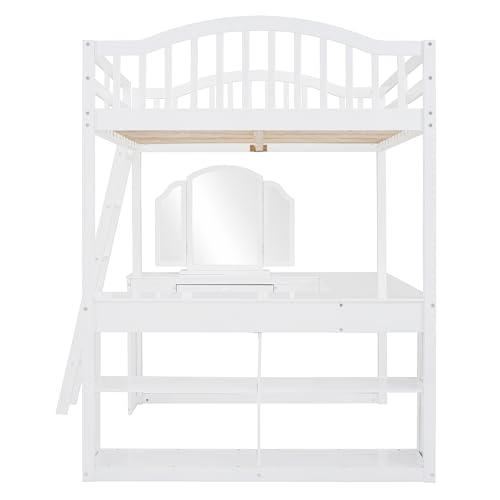 Harper & Bright Designs Full Size Loft Bed with Desk, Storage Shelves and Drawers, Solid Wood Loft Bed Frame with Built-in Wardrobe, Walnut