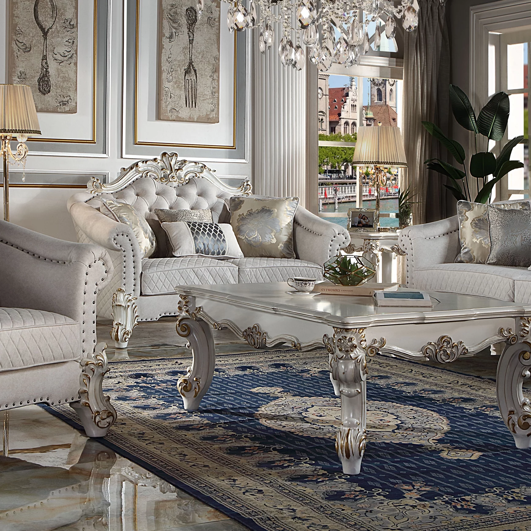 ACME Vendome II Loveseat with 4 Pillows in Ivory Fabric and Antique Pearl
