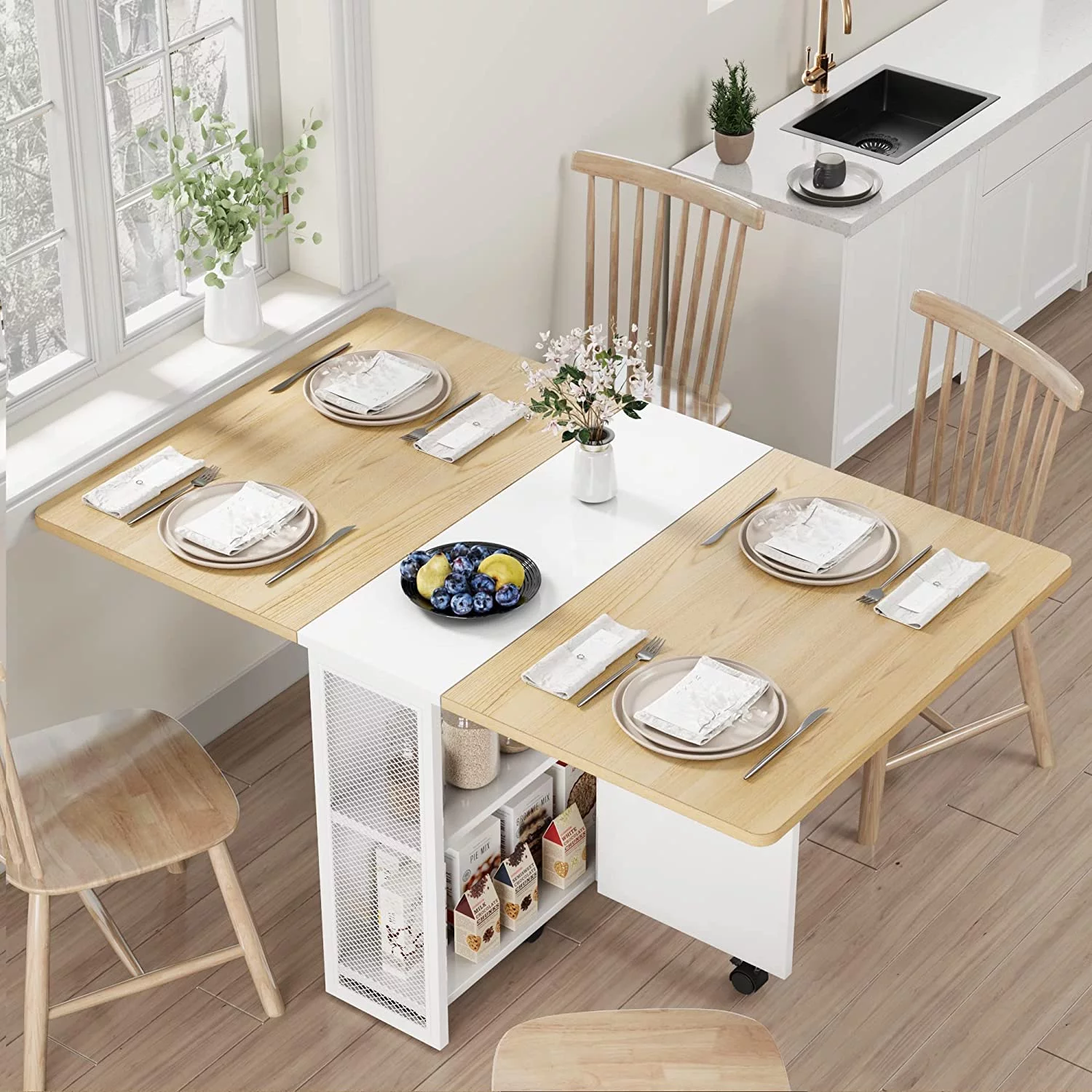 RUNFAYBIU Space Saving Folding Dining Table with 2 Tier -Extendable Drop Leaf Farmhouse Wood Kitchen Dining Room Tables Set for 4  Collapsible