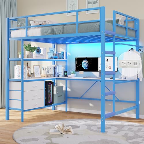 DICTAC Loft Bed Full Size with L-Shaped Desk and Charging Station Full Metal Bed Frame with LED Lights,Open Shelves and 3 Fabric Storage Drawers