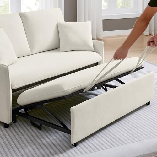 55" 3-in-1 Convertible Sleeper Sofa Bed with Adjustable Backrest - Soft Chenille Futon Couch for Living Room, Office & Apartment, Beige