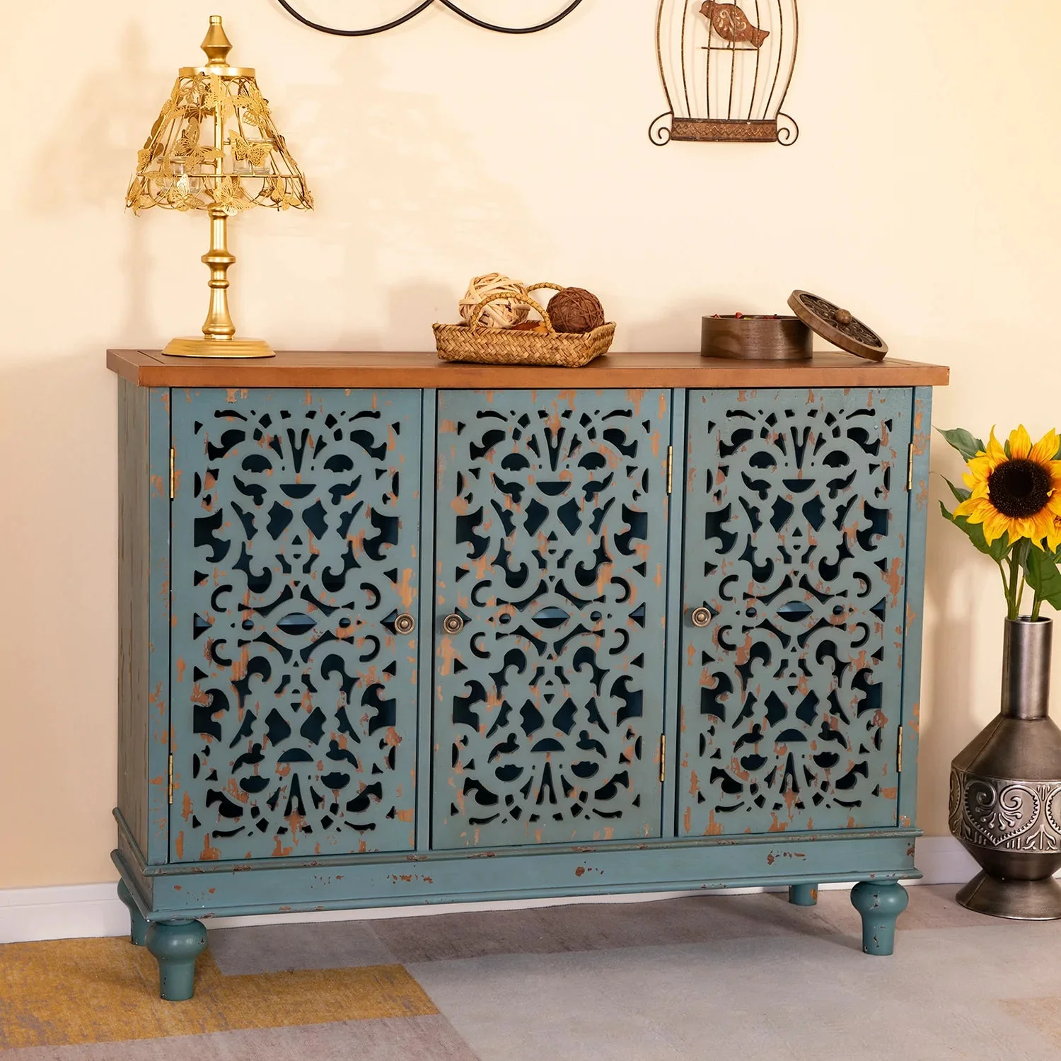 Alpha Joy 3-Door Hollow Carving Accent Cabinet for Dining Room, Living Room,Hallway-Blue
