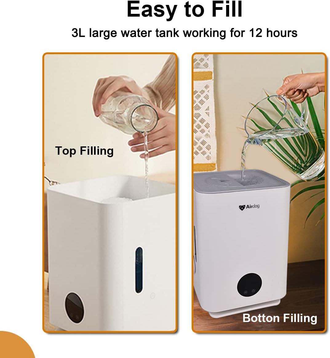 Airdog Humidifiers, Cool Mist-Free Evaporative Humidifiers for Bedroom Large Room Home Baby Room, 3L Top Fill Humidifiers, Easy to Clean