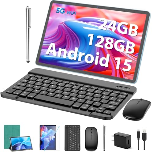 Android Tablet, 11 inch Android 15 Tablet with Keyboard, 24GB+128GB, 1TB Expand, 8000mAh, 5MP+13MP, 2.4G&5G WiFi, IPS Touch Screen, GMS Certified