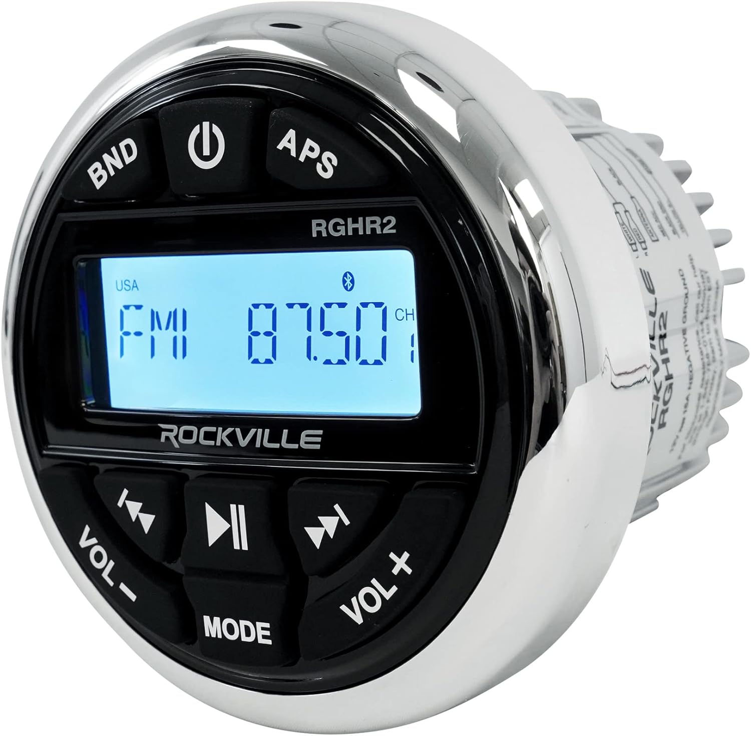 Rockville RGHR2 Marine Gauge Hole Receiver W Bluetooth USB, Radio + Wired Remote