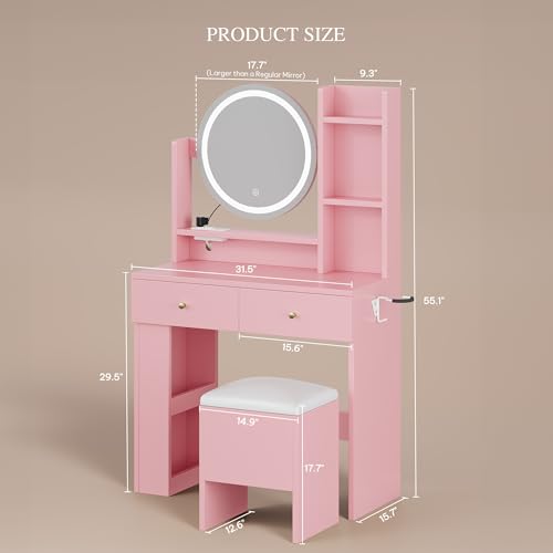 DWVO Vanity Desk with Mirror and Lights, Makeup Vanity Table Set with Power Outlets and Chair, 3 Lighting Colors