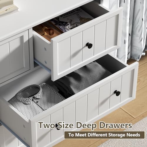 Farmhouse Dresser with 7 Drawers, White Dresser for Bedroom, Chest of Drawers, Modern Dresser for Closet, TV Stand with Large Drawers