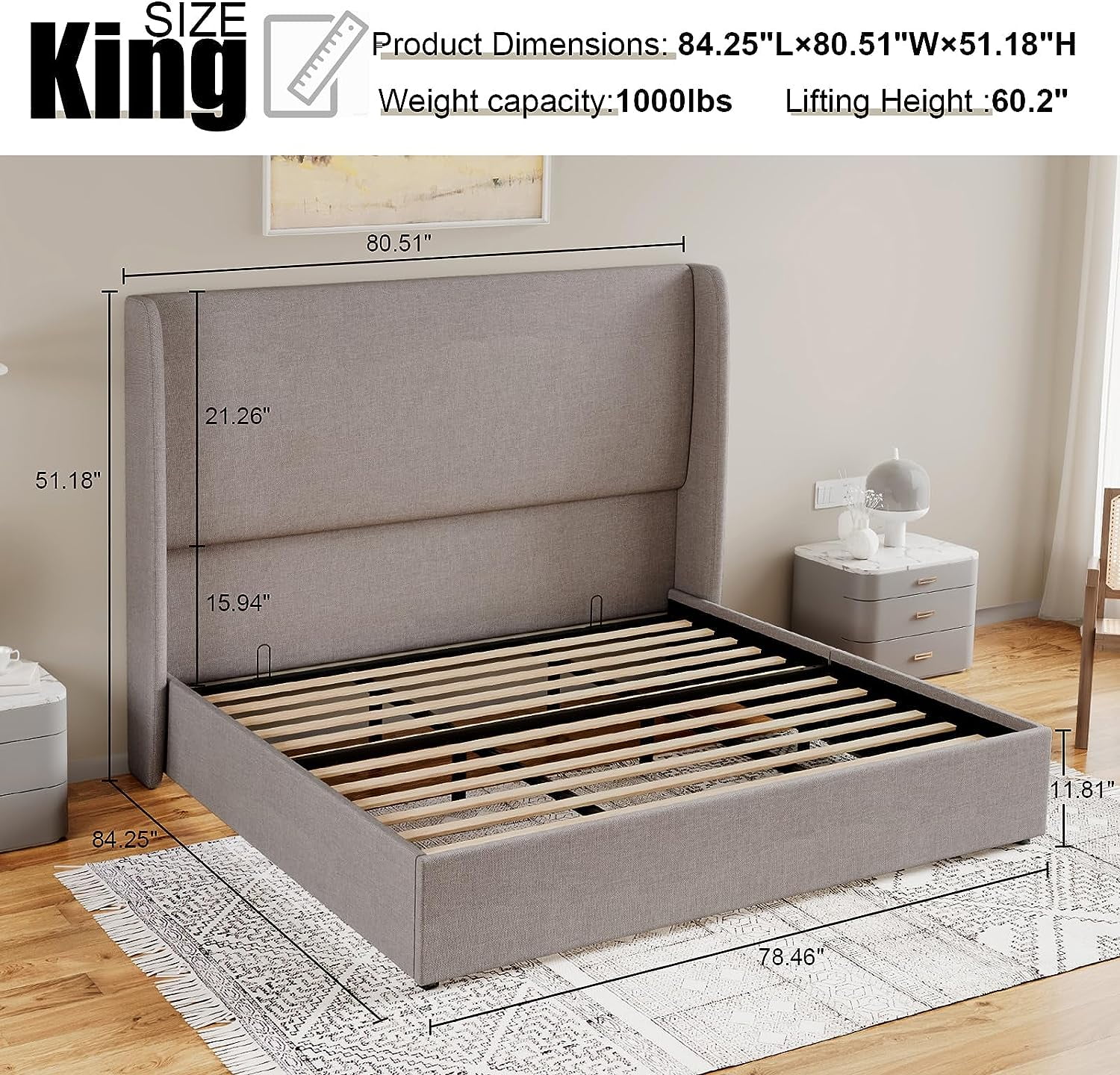 Jocisland Lift Up Storage Bed King Size Linen Upholstered Platform Bed Frame/Hydraulic Storage/Modern Wingback Headboard/No Box Spring Needed/Wood