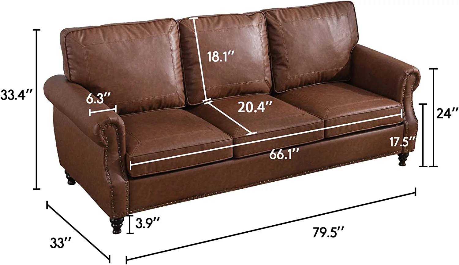 Dreamsir 80" Faux Leather Sofa Couch - Traditional 3-Seater with Nailhead Trim, Rolled Arms, and Easy Assembly (Chocolate Brown)