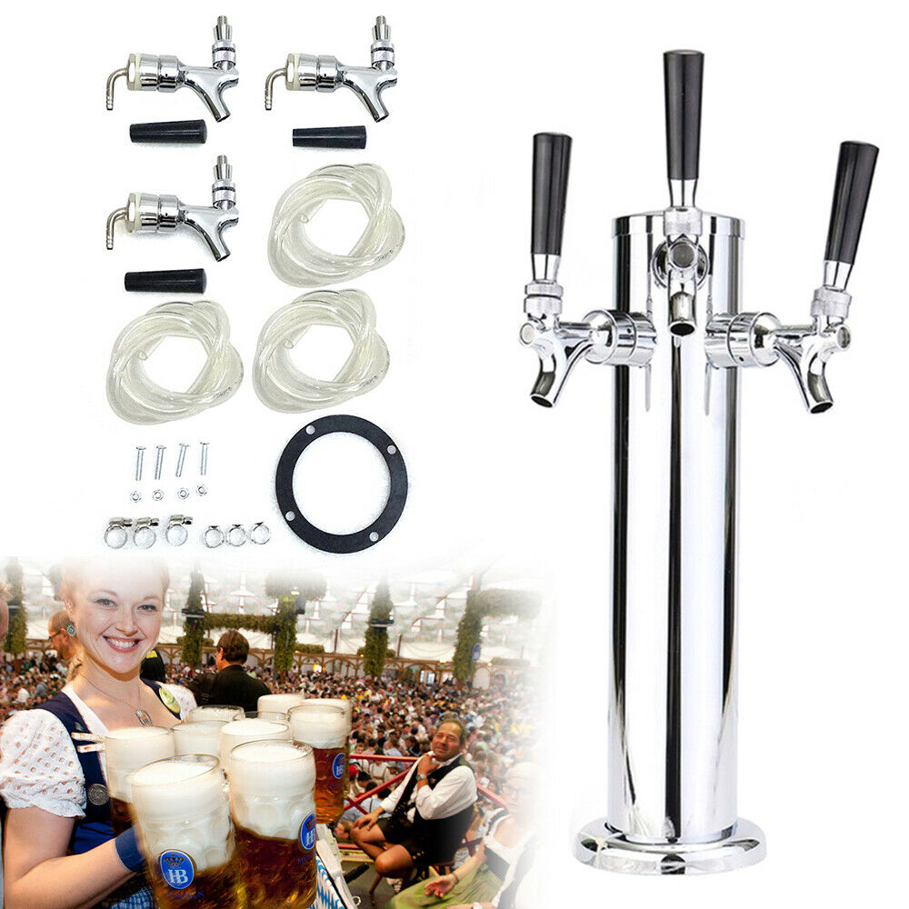 DENEST Beer Dispenser Beer Tower Homebrew Bar Beer Dispenser Stainless Steel Silver (3 Taps)