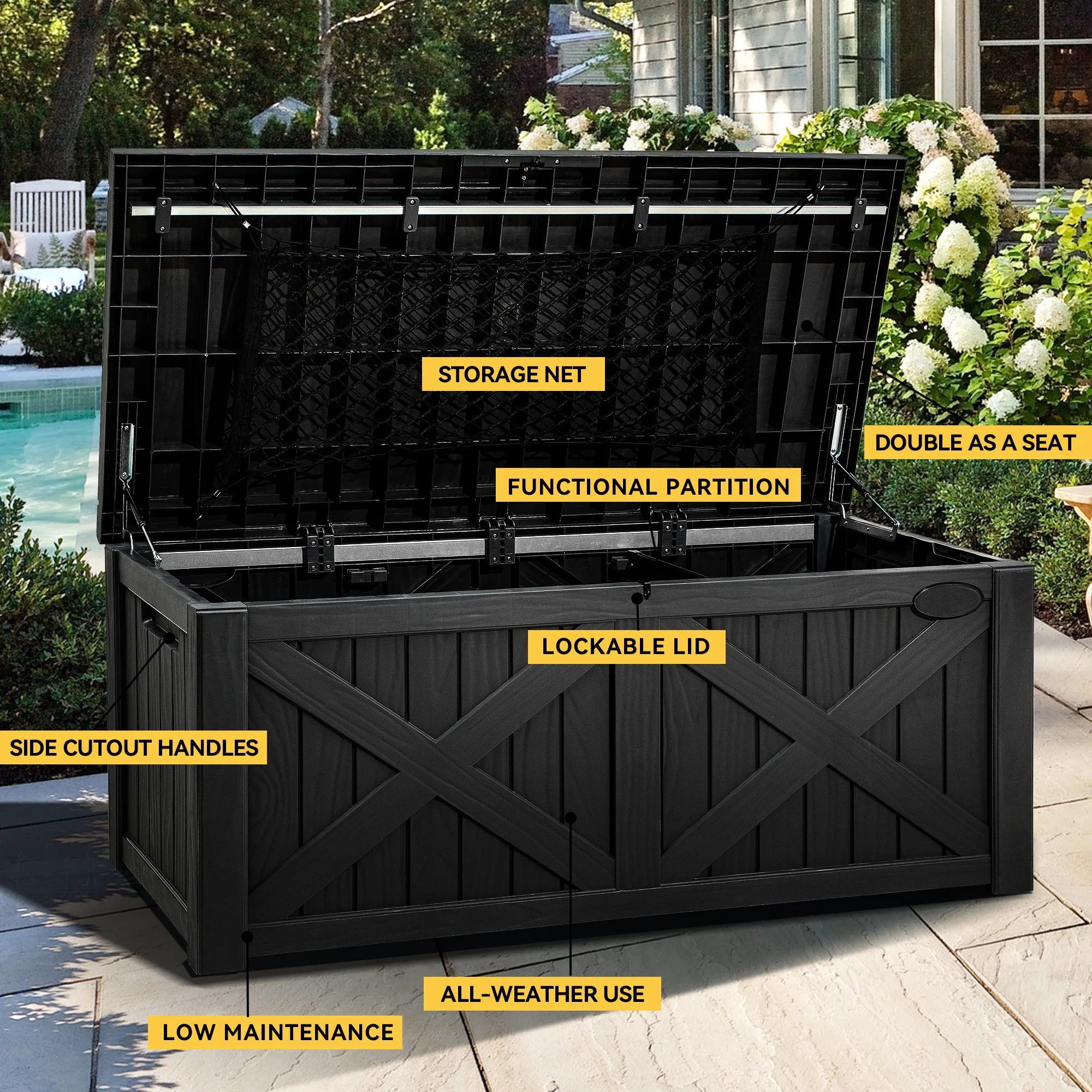 Dextrus 120 Gallon Large Patio Deck Box, Upgraded Resin Outdoor Storage Boxes w/Flexible Divider & Storage Net, Waterproof&Lockable, Black