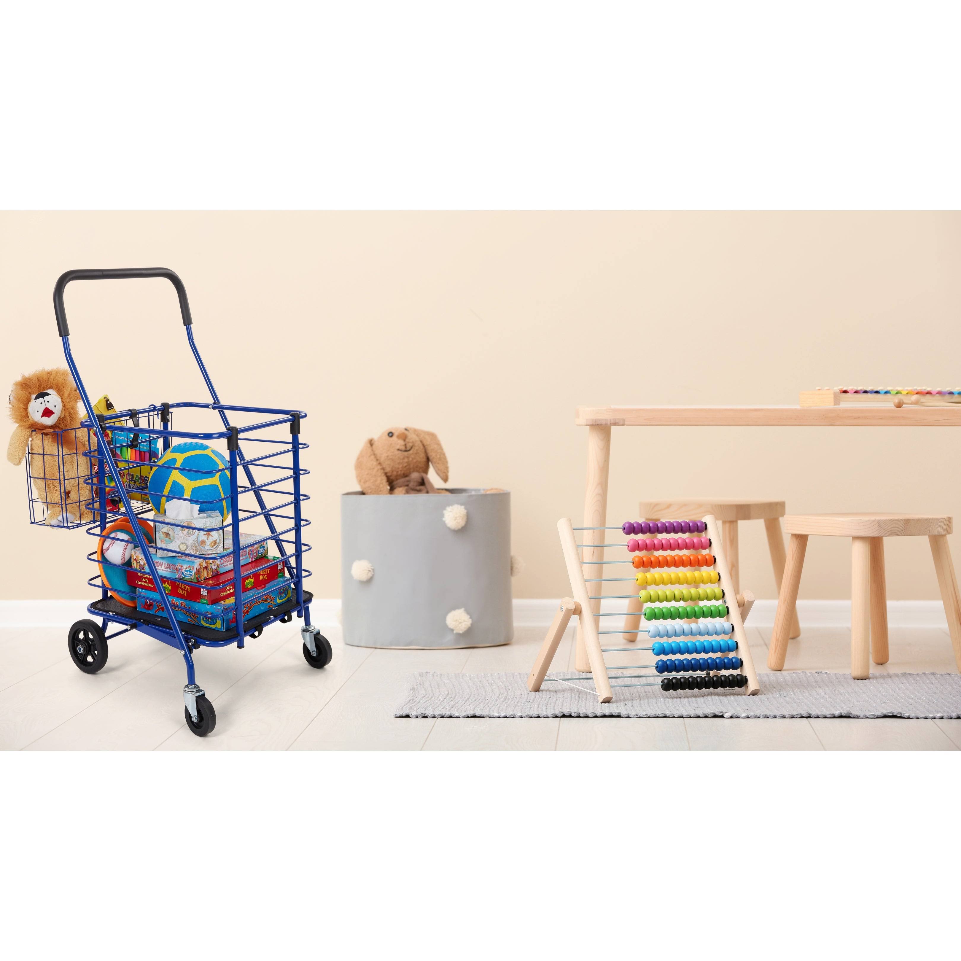 Seville Classics Folding Rolling Steel Wire Basket Trolley Grocery Shopping Cart, Blue