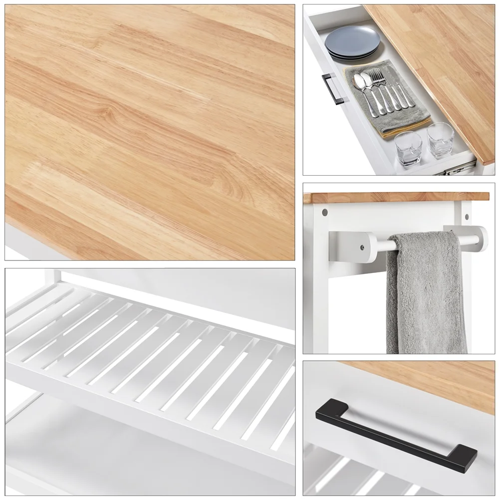 Topeakmart Kitchen Island Cart with Wheels Storage Drawer Solid Wood Countertop, White
