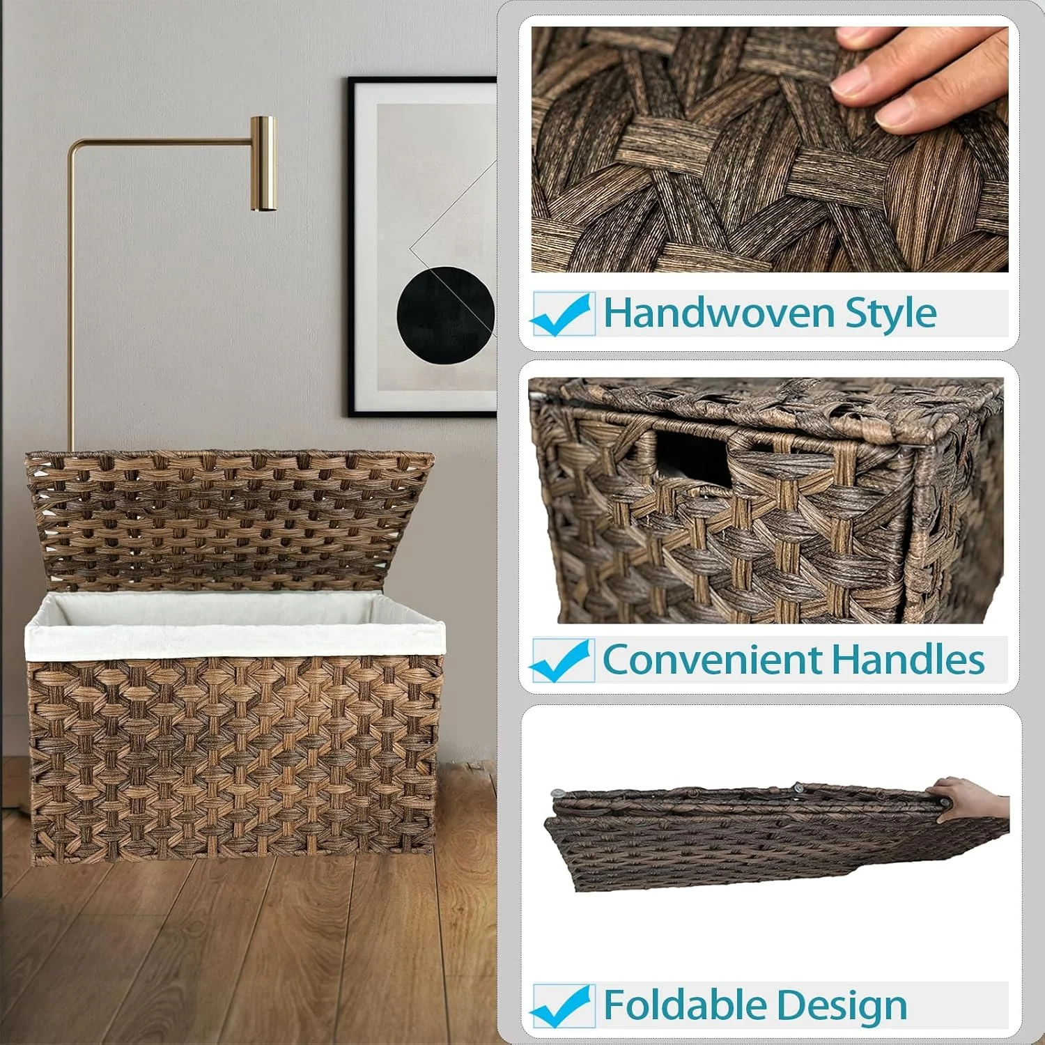 Wicker Storage Basket with Lid, 27.7 Gallon (105L) Large Blanket Basket with Lid, Woven Storage Bin with Handles, Removable Liner, Metal Frame