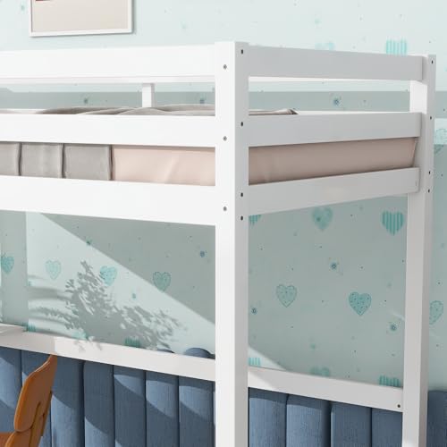 Low Loft Bed Twin Size, Kids Solid Wood Modern Loft Bed Frame with Ladder and Safety Guardrail for Girls Boys, Noise-Free,Non-Toxic Finishes
