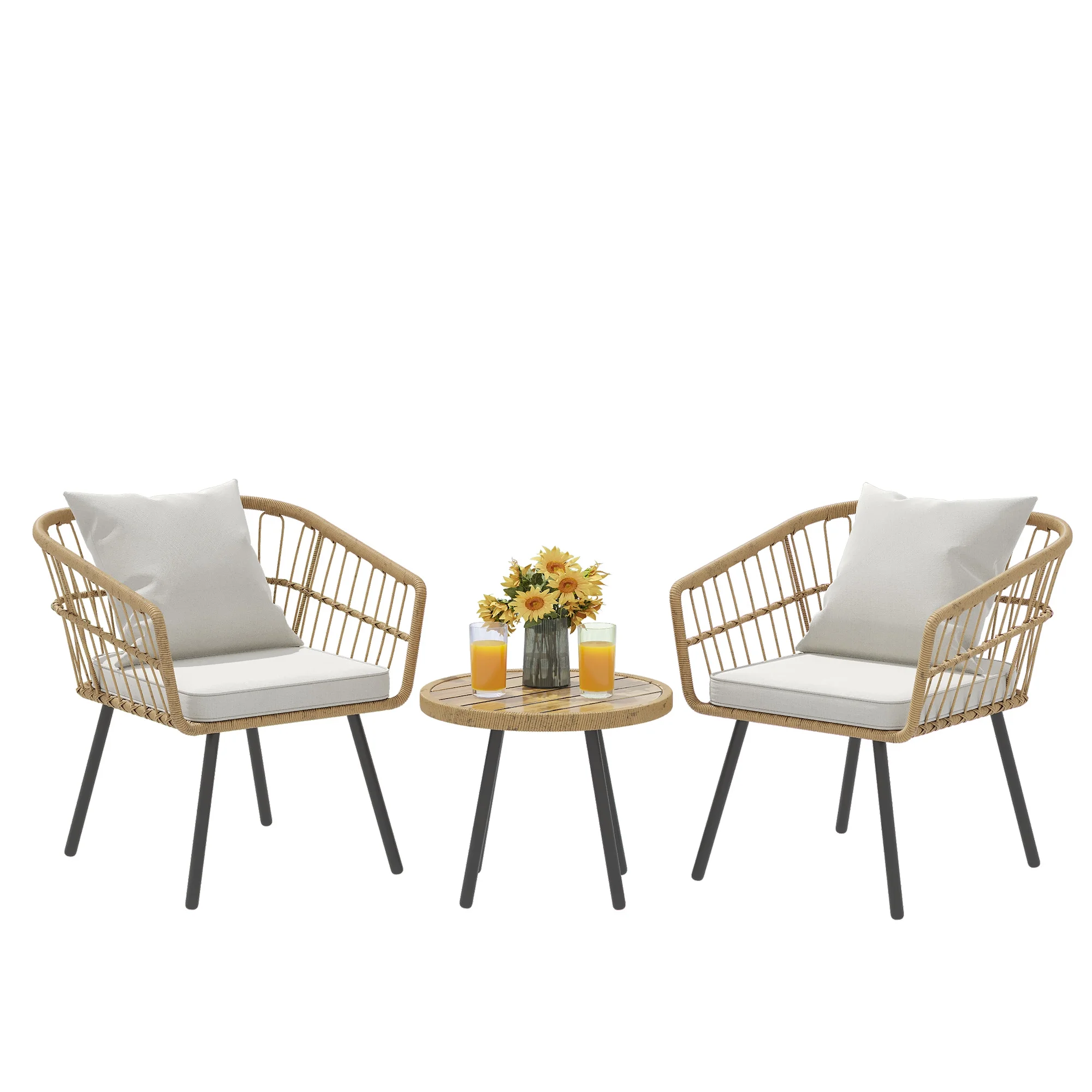 Dextrus 3 Piece Outdoor Wicker Furniture Patio Bistro Set, PE Rattan Wicker Chairs Set with Table and Cushions
