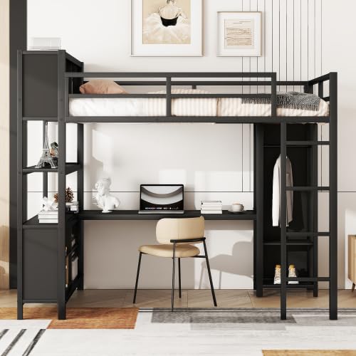 Harper & Bright Designs Full Size Loft Bed with Wardrobe and L-Shaped Desk, Metal Loft Bed with Storage Cubes, Cabinet, Shelves for Kids Teens, White