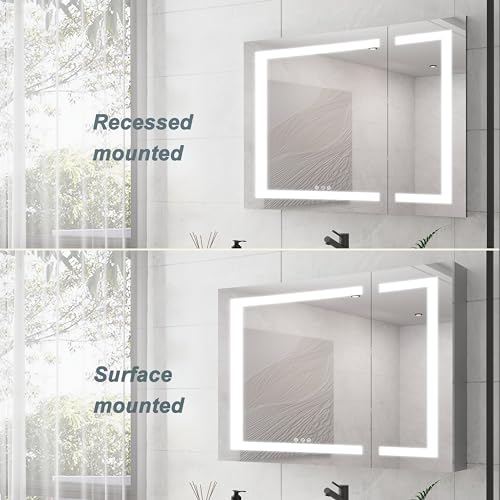 Medicine Cabinet with LED Vanity Mirror, Anti-Fog, Dimmable, Recessed or Surface Mount