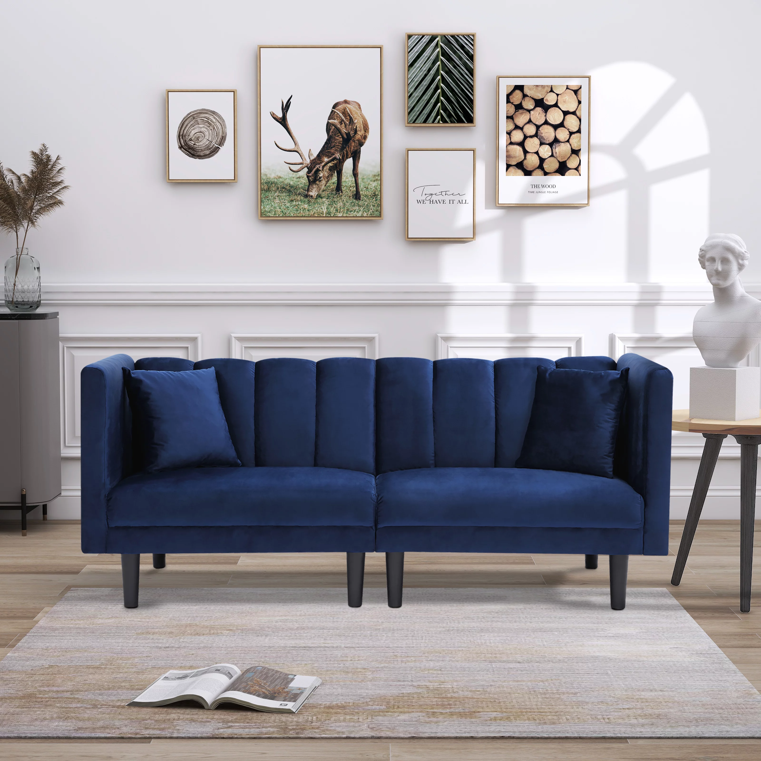 BSHTI 70 inch Futon Sofa Bed, 2 Pillows and Perfect Artificial Cushion Velvet Futon Sofa(Navy Blue)