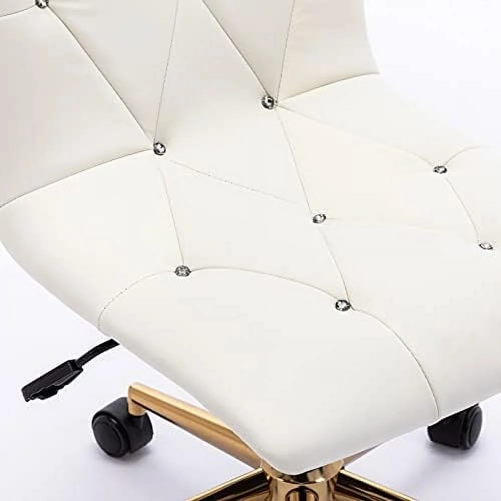 CCBIUOMBO Duhome  Office Chair，Cute White Desk Chair with Gold Base  PU Leather Task Chair Computer Chair Rolling Chair with Wheels  Armless Vanity