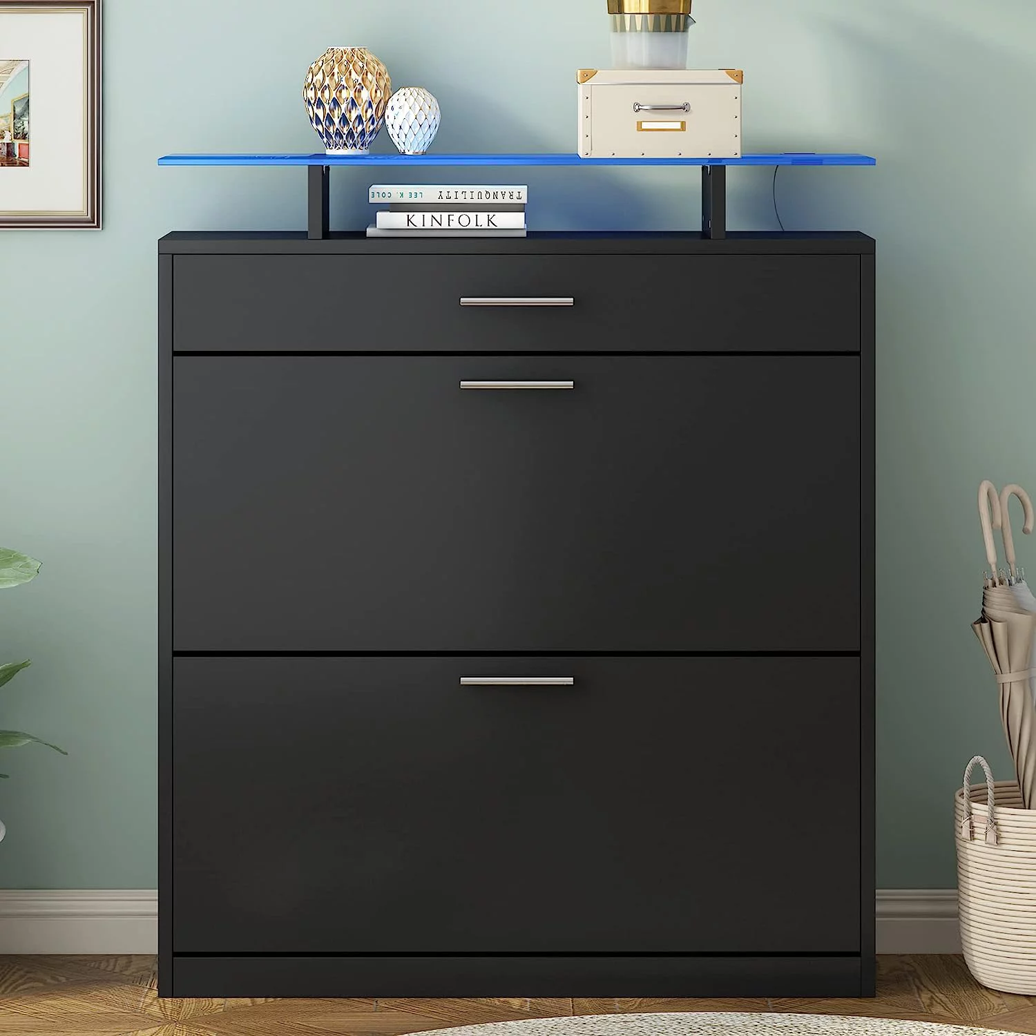 AngLink Slim Entryway Shoe Cabinet with 2 Flip Drawers, Modern Tempered Glass Top Shoe Storage Organizer with Drawer and Open Shelves