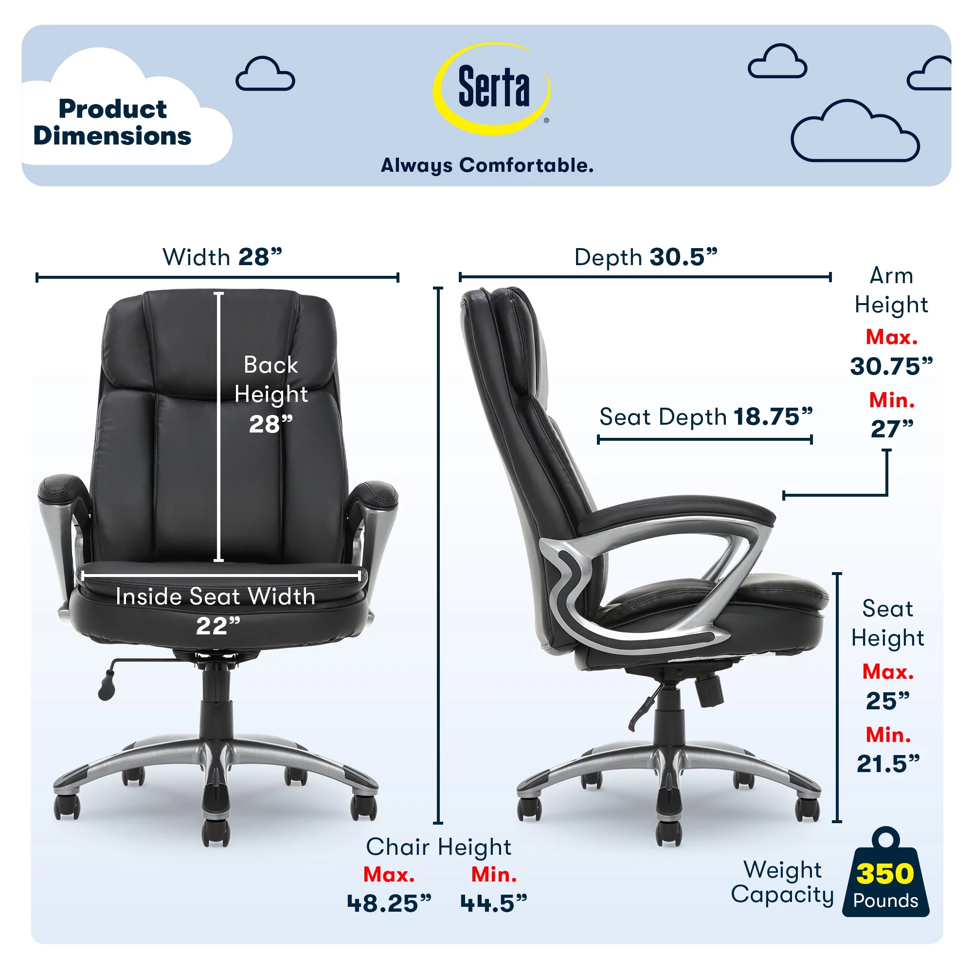Serta Puresoft Faux Leather Big and Tall Executive Office Chair, Black